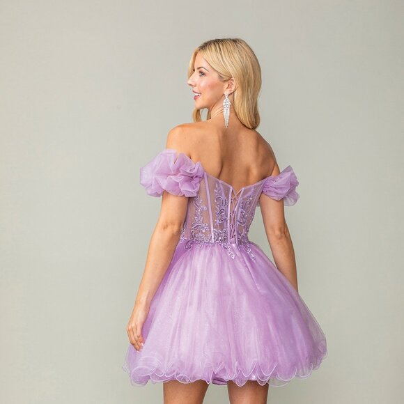New Off White Short Modern Wedding Tulle Dress w/ Sheer Boned Bodice & DQ 3379 - Picture 4 of 9